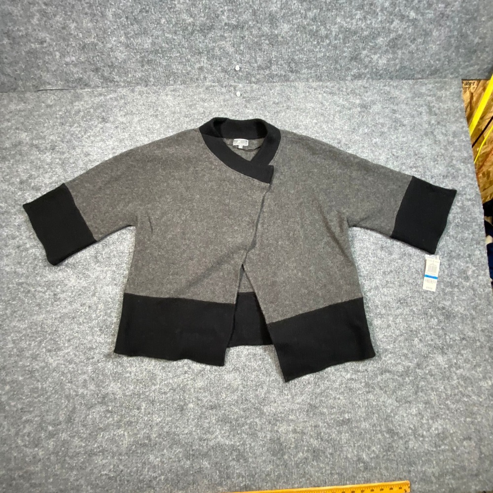 JM Collection Women XL 100% Wool Colorblock Cardigan Charcoal Gray Black Sweater